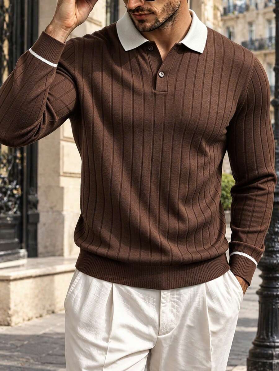 Polo Rajut Garis Vertikal Vintage Inggris Musim Gugur/Dingin untuk Pria, Desain Detail Trim Kontras, Atasan Rajut Longgar Serbaguna - Coklat - View 1