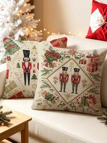 2Pcs Retro Nutcracker Soldier Throw Pillow Covers, Vintage Christmas Art Print Cushion Shell For Couch Bed Winter Xmas Decoration - Multicolor - View 5