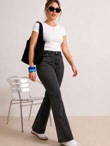 Push Up Tummy Hide High Waist Washed Blue Flare Leg Plus Size Woman Denim Jean - Dark Grey - View 4