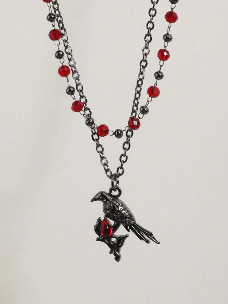 2pcs Vintage Gothic Style Red Beaded Crow & Rhinestone Bird Necklace Set For Men - Gun Black - View 1