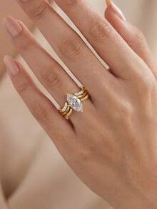 Besthing 3pcs S925 Sterling Silver 2CT Marquise Moissanite Fashion Glamorous Main Stone Open Band Stackable Bridal Rings For Wedding, Daily Wear, Valentine's Day Gift, Wedding Season - Gold - View 4