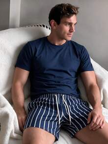 Men's Summer Crew Neck T-Shirt And Striped Shorts Loungewear Set - Navy Blue - View 11