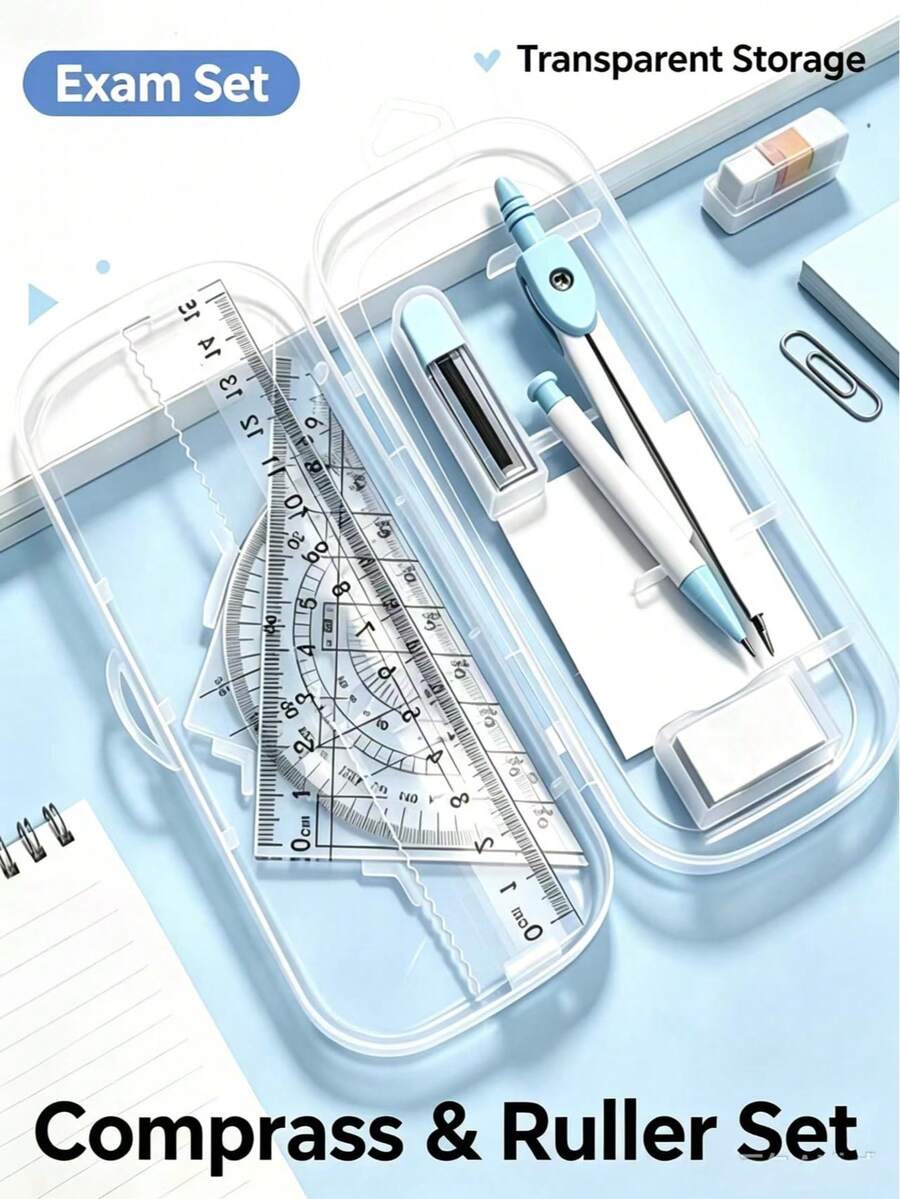 8PCS Compass Ruler Kit, Geometry Drawing Stationery With Ruler, Triangle Ruler, Protractor, Eraser, Lead Refills & Storage Box, School Supplies - A - View 1