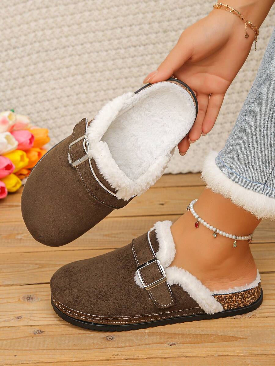 女款麂皮包頭穆勒拖鞋,金屬方扣裝飾,毛絨內裡,懶人鬆弛設計,防滑軟底,室內外兩用,秋冬保暖大尺碼毛茸茸拖鞋 - 巧克力棕麂皮-方形扣 - 查看 1
