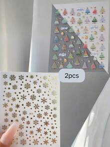 2件組金色雪花聖誕樹臉部貼紙，自黏箔面雪花與彩色小樹貼紙，聖誕新年派對眼妝臉部裝飾貼紙，節日拍照氛圍感妝容貼紙 - 彩色 - 查看 6
