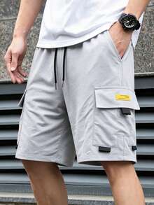 Men's Solid Color Cargo Shorts With Pockets And Drawstring Waist, Comfortable Elastic Waist Multi-Pocket Casual Shorts For Daily, Sports And Outdoor Wear - Grey - View 5