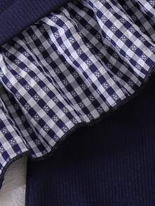 Bộ 2 món cho bé gái chập chững phong cách tối giản thường ngày, áo tay dài cổ bẻ họa tiết kẻ caro phối patchwork và quần dài màu xanh navy, mùa xuân/thu - Màu xanh hải quân - Xem 5
