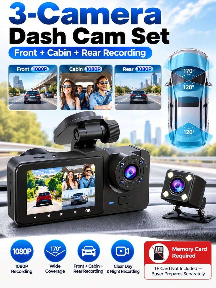 YAIUZGOO Set Kamera Dash Cam 3 Kamera untuk Mobil, Kamera Depan dan Belakang 1080P dengan Perekaman Kabin, Perekam DVR Mobil Sudut Lebar dengan Layar LCD, Sistem Kamera Mengemudi Tiga Lensa, Perekam Video Rekaman Malam, Membutuhkan Kartu TF (Kartu Tidak Termasuk)