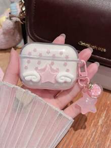 Pink Star Angel Wings Compatible With Airpods Protective Case, With Star Pendant, Compatible With Apple 1/2/3/4/5/Pro 1/2/3, Girly Style Earphone Case, Gift, Anti-Scratch, Anti-Dust - Pink Star Protective Case + Charm - View 2