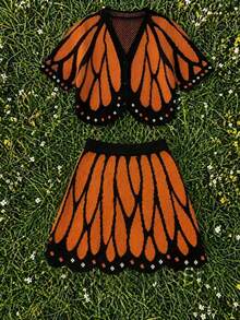 Women's Textured Butterfly‑Wing Design Cropped Cardigan With Scallop Skirt Set, Button‑Front Placket - Orange - View 2