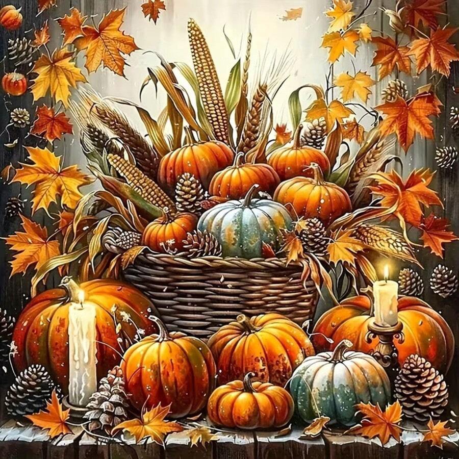 1PC DIY 5D Diamond Painting Kit Harvest Pumpkin Pattern - Round Full Diamond Art Mosaic Craft, Home Wall Decor, Unframed - No Frame - View 1