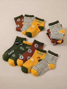 5 Pairs 1-12 Years Old Boys & Girls Cartoon Dinosaur Crocodile Print Striped Color Block Mid-Calf Socks, Daily Versatile Baby Children Student Socks, Cute Patchwork Socks - Multicolor - View 2