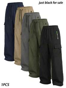 New Men's Casual Sports Cargo Pants, Suitable For Streetwear, Home, Simple Daily Wear, Elastic Waistband With Drawstring, All-Season Wear, Perfect Gift For Husband, Boyfriend, Father - Black - View 4