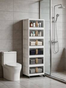 Foldable Storage Cabinet With Wheels, Vertical Transparent Door Stackable Organizer Unit, Multi-Layer Plastic Storage Drawers, Suitable For Closet, Living Room, Bathroom, Multi-Functional Household Storage Rack - View 7