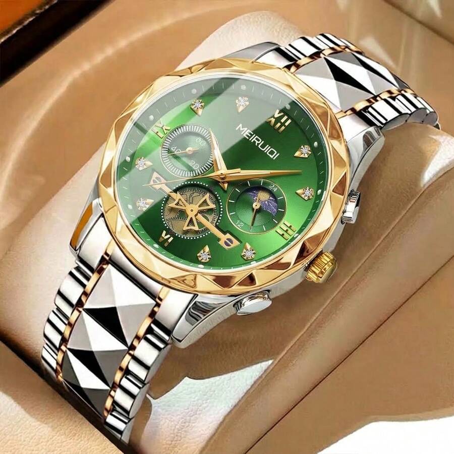 1pc Men's Stainless Steel Band Fashionable Moon Phase Multi-Function Quartz Wristwatch, Korean Style - A - View 1