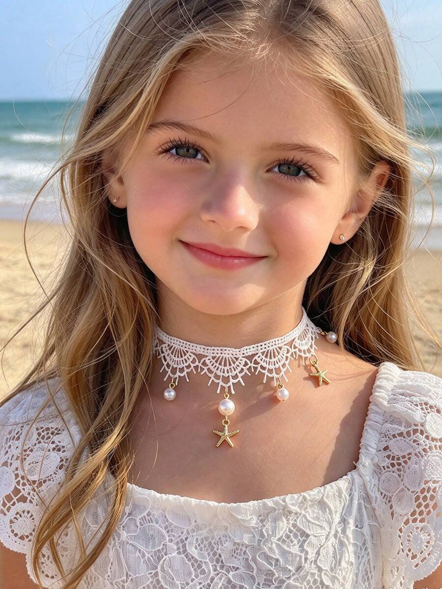 NAIZHU 1/2pcs Children's Sweet Lace Faux Pearl Choker Necklace, Suitable For Girls' Daily Wear, Party And Vacation - White - View 1
