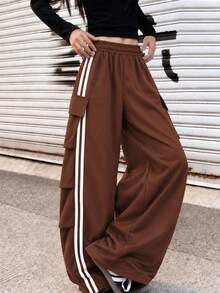 1pc Tween Girls' Loose Fit Side Stripe Cargo Wide Leg Pants, Relaxed Casual Trousers For Daily Wear & Commute - Brown - View 7