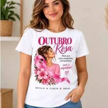 Blusa camiseta feminina OUTUBRO ROSA, LAÇO FLORES, PREVENÇÃO, VIDA MULHER tshirt  plus size - Rosa chiclete - Visão 3