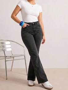 Push Up Tummy Hide High Waist Washed Blue Flare Leg Plus Size Woman Denim Jean - Dark Grey - View 5