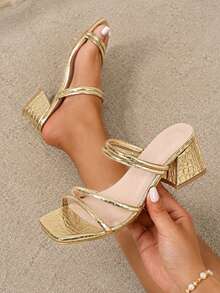 Sandalias de tacón alto de moda para mujer, elegantes sandalias tipo mule de punta abierta con tacón grueso y estampado de cocodrilo dorado, adecuadas para ir al trabajo, ir de compras, ir a la playa, ir a fiestas, atuendos de primavera/verano - Dorado - Ver 2