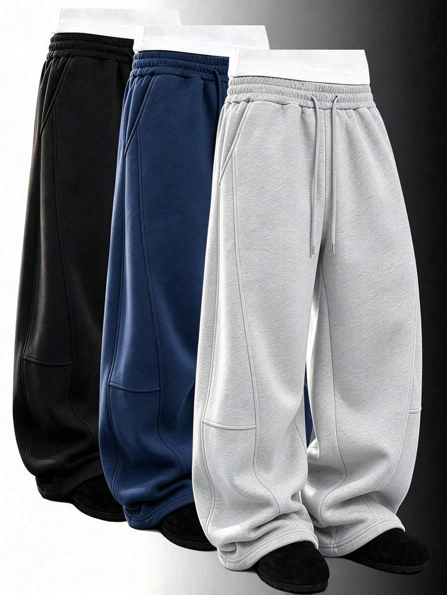Men's Loose Wide Leg Pants, Men's Sports Long Pants, Solid Color Design With Drawstring Detail, Long Casual Style Sweatpants, Polyester Fabric, Suitable For Daily Shopping, Sports And Other Occasions, Versatile Item For Autumn/Winter - Light Grey - View 1