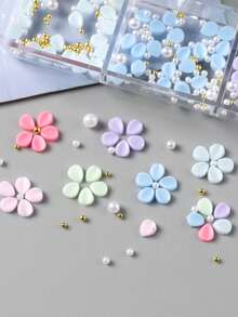 6-Grid 3D Sweet Candy Color Petal Flower Nail Art Decorations, Small Flowers With Pearls And Gold Beads, Wedding/Holiday DIY Nail Art Decor Supplies, Random Assortment - Multicolor - View 5