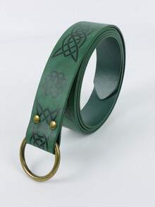 Medieval Celtic Pattern PU Leather Belt, Vintage Round Buckle Waist Cincher, Halloween Renaissance Elf Cosplay Accessory, LARP Theme Party Costume Prop - Green - View 6