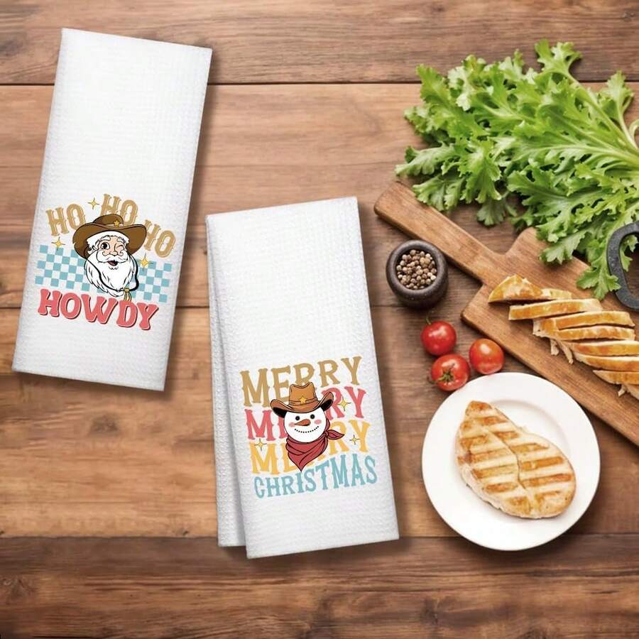 2pcs "Ho Ho Ho" Merry Christmas Kitchen Towels, Fun Christmas Kitchen Decor, Suitable For Home, Housewarming Gift For Grandma, Mom, Neighbors, Christmas Hand Towels For Friends, Women Hostess Gift - Multicolor - View 1