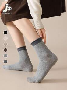 6 Pairs Women's Rolled Cuff Mid-Calf Socks, Cotton Solid Color Contrast Socks, Simple Basic Breathable Slouch Socks - Multicolor - View 4