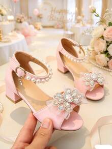 1 par de sandalias de tacón grueso rosa, PU suave + decoración de strass iridiscente multicapa, punta redonda, punta abierta, suela plana antideslizante, diseño de una correa con cierre de gancho y bucle, estilo princesa lindo y de moda, tacones altos para fiesta, adecuado para actuaciones escolares, cumpleaños - Rosa - Ver 3