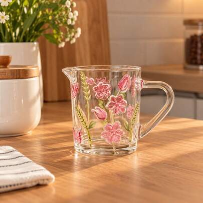 Leiteira de Vidro Floral Rosa com Detalhes em Relevo Linha Servir Spring
