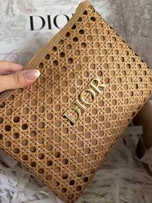 Dior Women's Woven Cosmetic Bag, Rattan-Look Makeup Clutch Pouch With Zipper, Portable Travel Storage Pouch For Vacation, Daily Essentials And Holiday Gifts - Beige - View 3