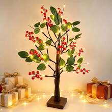 1PC Red Berry Green Leaf Brown Tree Lamp 24 Lights 60CM High, USB + 3 AA Batteries Dual Use, Warm White LED Desktop Tree Lamp, Autumn Winter Christmas Thanksgiving New Year Bedroom Home Housewarming Atmosphere Decor - Yellow - View 4
