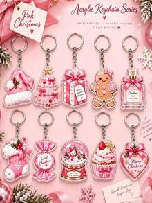 2D Flat -10pcs Flat Pink Christmas Acrylic Keychain, Cute Xmas Pink Santa Hat Christmas Tree Gift Box Gingerbread Man Pendant, Sweet Holiday Bag Charm - Multicolor - View 1