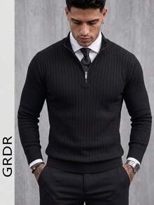 GRDR Men's Autumn/Winter Half-Zip Ribbed Sweater, Solid Color Casual Versatile Long Sleeve Knitwear For Daily Wear - Black - View 2