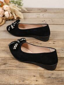 1 Pair Women's Wedge Pumps, Soft PU + Fabric Bow Decor, Round Toe Thick Sole Height Increase, Slip-On Design, Fashion Minimalist Commute, Princess Style Flat Shoes, Suitable For Daily Campus, Holiday, Party, Spring/Autumn New - Black - View 4