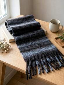 1pc Women's Autumn/Winter New Plush Tassel Scarf, Warm And Comfortable Striped Shawl, Windproof And Warm Suitable For Outdoor, Minimalist And Versatile Suitable For Daily Matching With Dresses - Grey - View 3