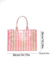 Tote Bag With A Square Body And Striking Vertical Stripe Design, Featuring A Minimalist Letter Logo On The Front For A Clean And Sophisticated Look. Large Interior Capacity For Easy Storage Of Personal Items, With A Short Handle For Convenient Carrying, Suitable For Daily Outings And Creating A Simple Yet Elegant Commuting Style. - Pink - View 7