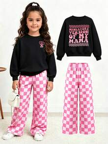 2pcs/Set Girls Gradient Slogan Print Crew Neck Sweatshirt + Random Cut Pink Plaid Pants, Autumn/Winter Fashion New Outfit - Multicolor - View 2