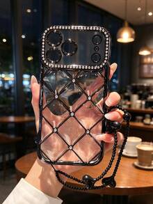 Heart-Shaped Phone Lanyard Rhinestone Quilted Electroplated TPU Phone Case Protective Cover Compatible With IPhone 17/18/11/11 Pro/11 Pro Max/12/Phone 12 Pro/11 Pro Max/12/12 Pro/12 Pro Max/13/13 Pro/13 Pro Max/14/14 Pro/16 Plus/14 Pro Max/15/15 Pro/15 Plus/15 Pro Max/17PROMAX/16PM/Protective Shell - Black Phone Case and Lanyard - View 2