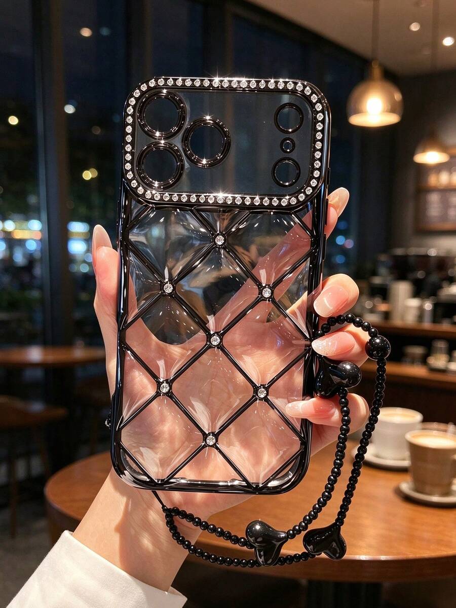 Heart-Shaped Phone Lanyard Rhinestone Quilted Electroplated TPU Phone Case Protective Cover Compatible With IPhone 17/18/11/11 Pro/11 Pro Max/12/Phone 12 Pro/11 Pro Max/12/12 Pro/12 Pro Max/13/13 Pro/13 Pro Max/14/14 Pro/16 Plus/14 Pro Max/15/15 Pro/15 Plus/15 Pro Max/17PROMAX/16PM/Protective Shell
