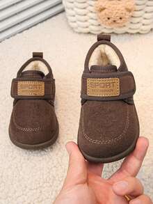 Kids Boys & Girls Matte Textured Upper Shoes With Faux Plush Lining & Hook And Loop Strap - Soft Sole Winter Casual Shoes Non-Slip - Brown - View 5