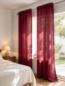 1PC Wine Red Linen Texture Sheer Curtain, Simple Solid Color Living Room Bedroom Bay Window Semi-Transparent Window Sheer - Burgundy - View 5