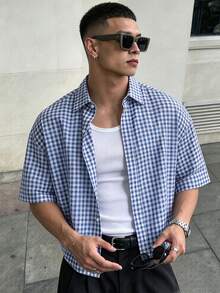 WAIT HIM 男士休闲短袖格子衬衫 - 藍色 - 查看 2
