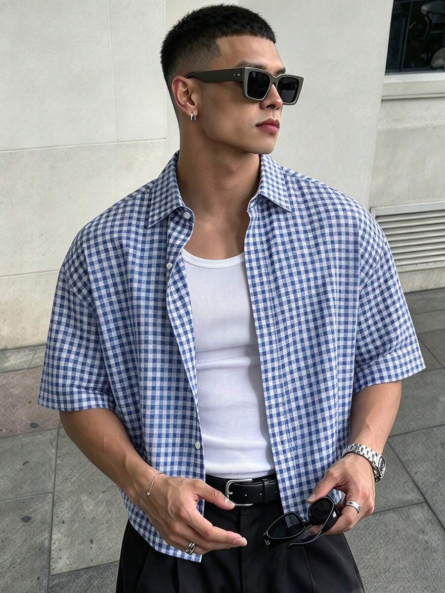 WAIT HIM 男士休闲短袖格子衬衫