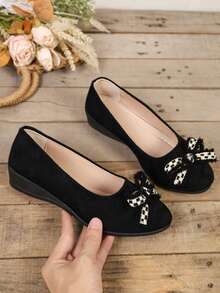 1 Pair Women's Wedge Pumps, Soft PU + Fabric Bow Decor, Round Toe Thick Sole Height Increase, Slip-On Design, Fashion Minimalist Commute, Princess Style Flat Shoes, Suitable For Daily Campus, Holiday, Party, Spring/Autumn New - Black - View 1
