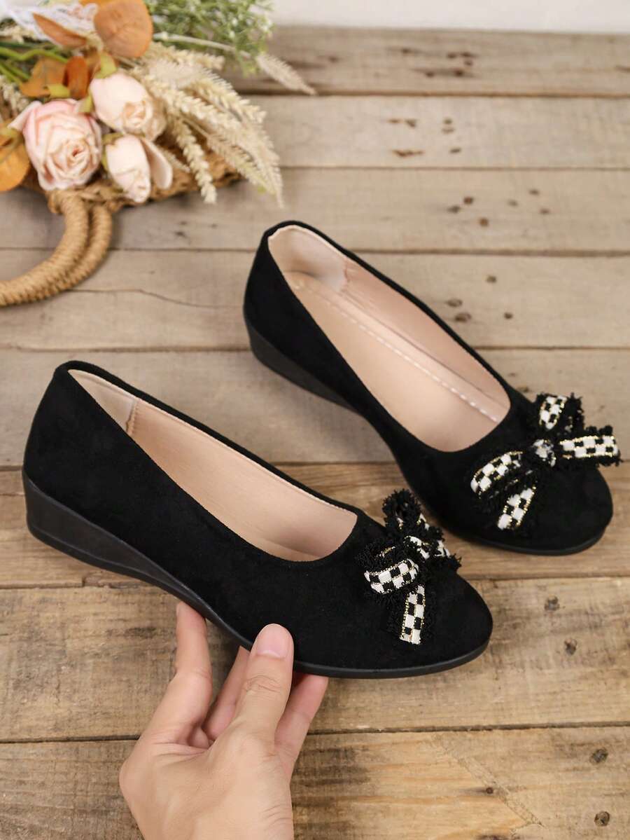 1 Pair Women's Wedge Pumps, Soft PU + Fabric Bow Decor, Round Toe Thick Sole Height Increase, Slip-On Design, Fashion Minimalist Commute, Princess Style Flat Shoes, Suitable For Daily Campus, Holiday, Party, Spring/Autumn New - Black - View 1