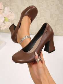 Vintage Round Toe Chunky Heel Pumps Women's New Style Shallow Cut High Heels Comfortable Commute Work Shoes - Brown - View 3