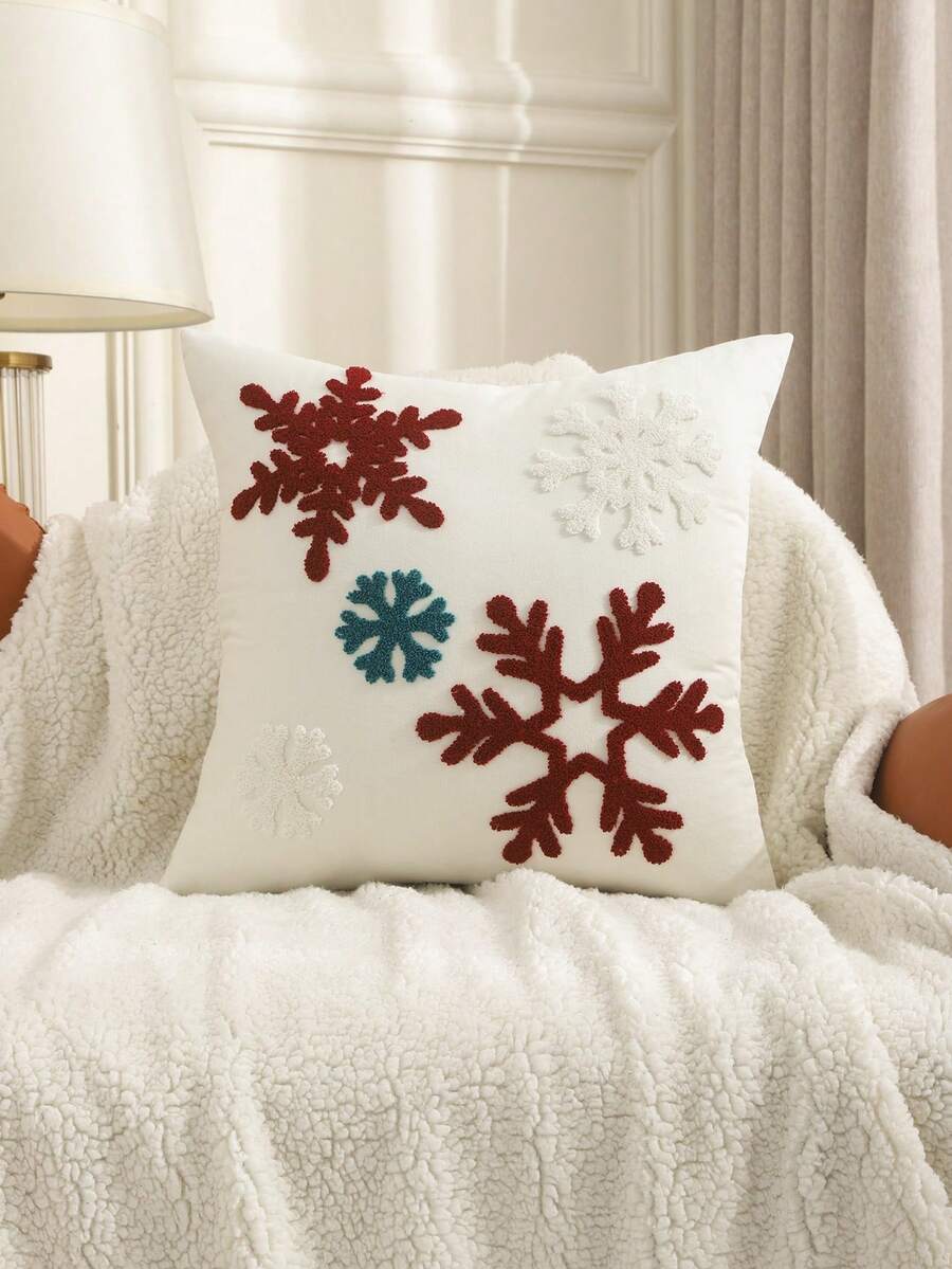 Miater 1件/2件裝聖誕裝飾抱枕套 刺繡帆布聖誕雪花款 沙發客廳臥室家居裝飾 節日禮物 - 紅色 - 查看 1