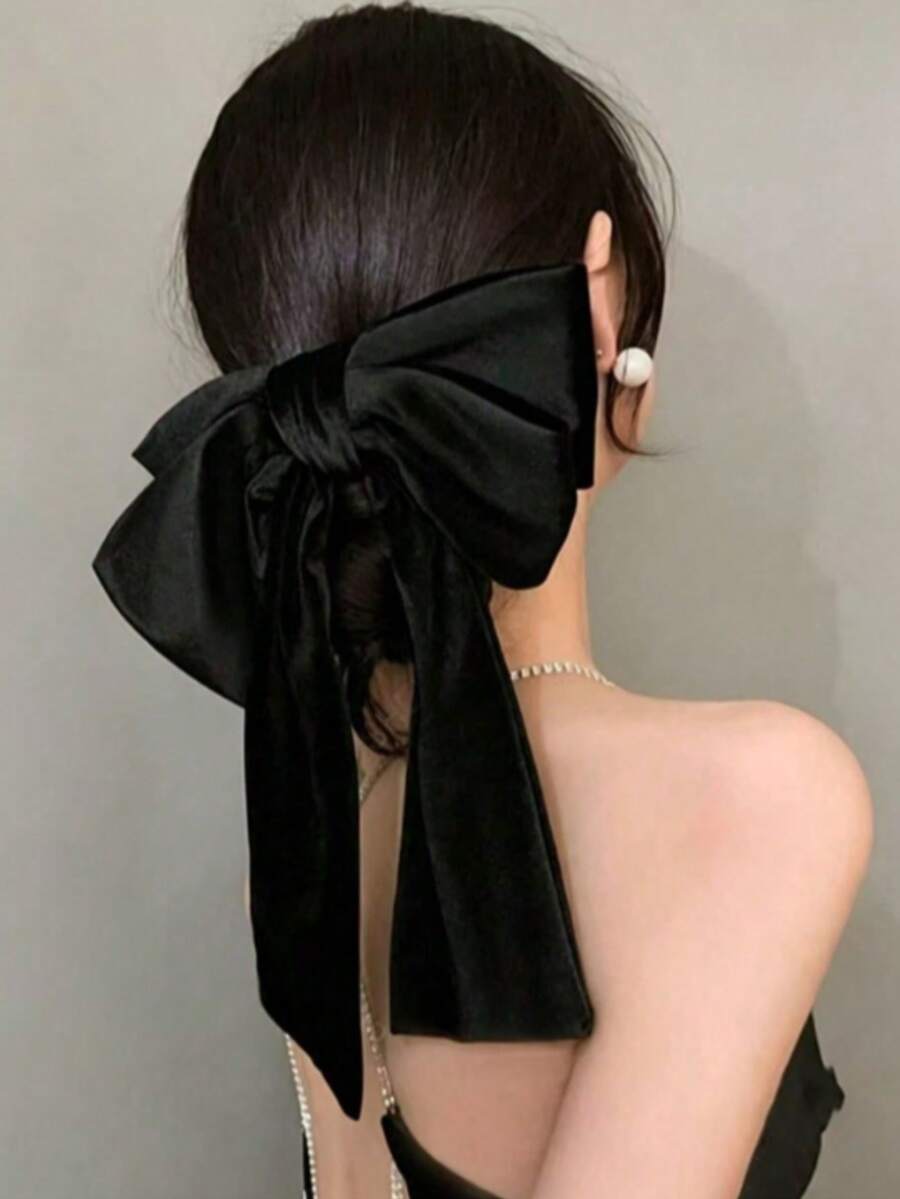 A Retro Velvet Black Ribbon Large Bow Hairpin Headwear Back Of The Head Ponytail Clip Fairy Spring Clip - Black - View 1